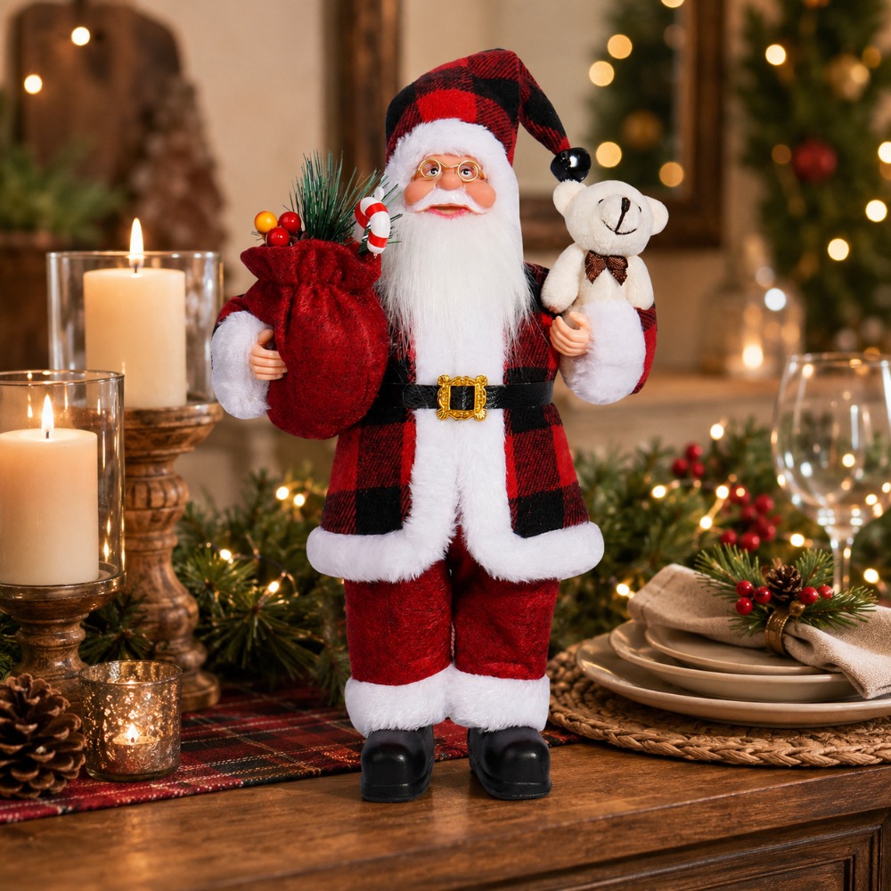 Vintage Collectible Santa - Figurin Santa berpola kotak-kotak merah dan